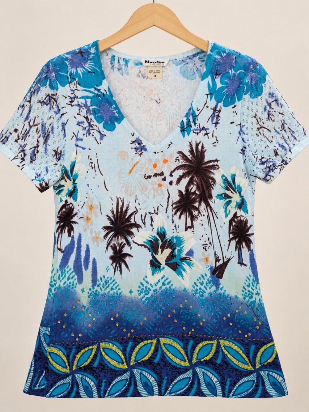 Cotton Tropical Print Knit Top Beaded Embroidery Y2K